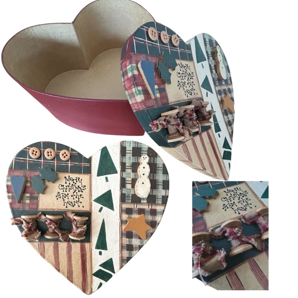 Handmade Christmas Heart Folk Storage BOX Primitives Painted Snowman Spools VTG​